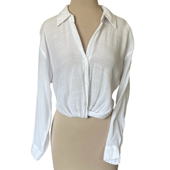 Love Tree Tops - Love Tree Women's Sheer White Long Sleeve Button Cropped Blouse, Size L